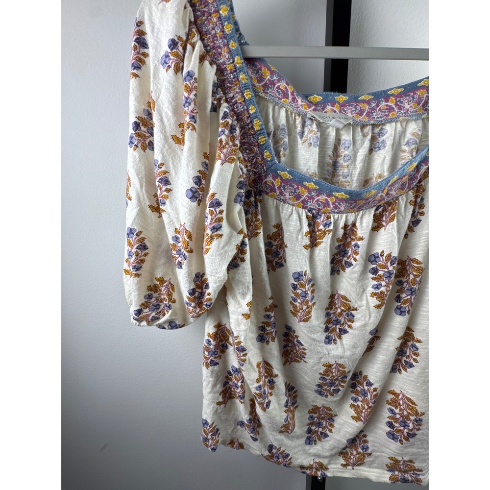Lucky Brand Floral Peasant Top Womens Large Cream Purple Boho Puff Sleeve - Picture 2 of 8